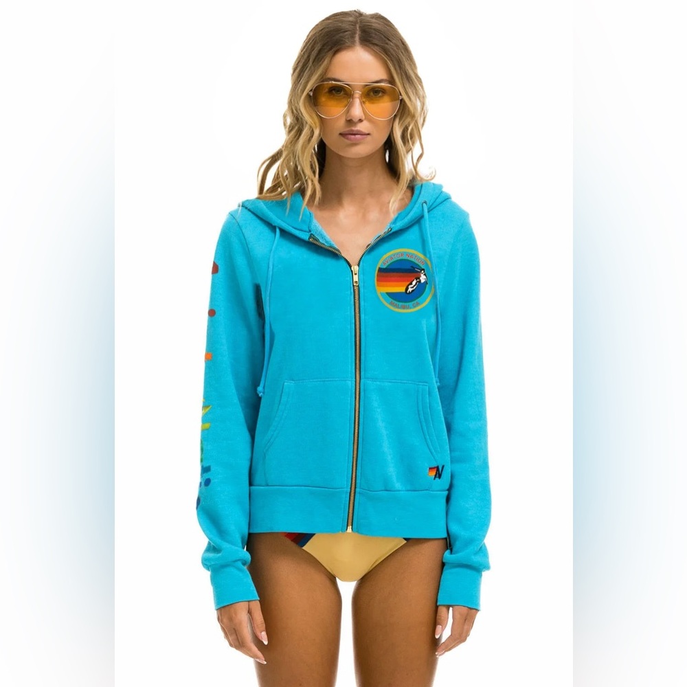 Aviator Nation zipped hoodie.  Size large. Neon blue. Like new.